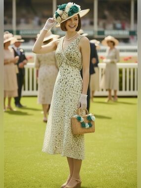 Adrianna Papell Ivory Dress with Brown, Beige & Teal Polka Dots Sz 8